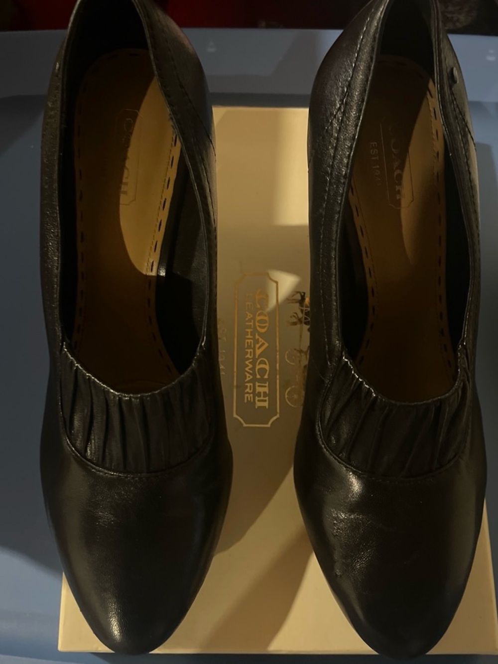 Coach Black Leather Women's Slip-On Heels with Gathered Detail